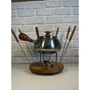 Vintage MCM Fondue Set 18/8 Stainless Steel Wood Mint Condition